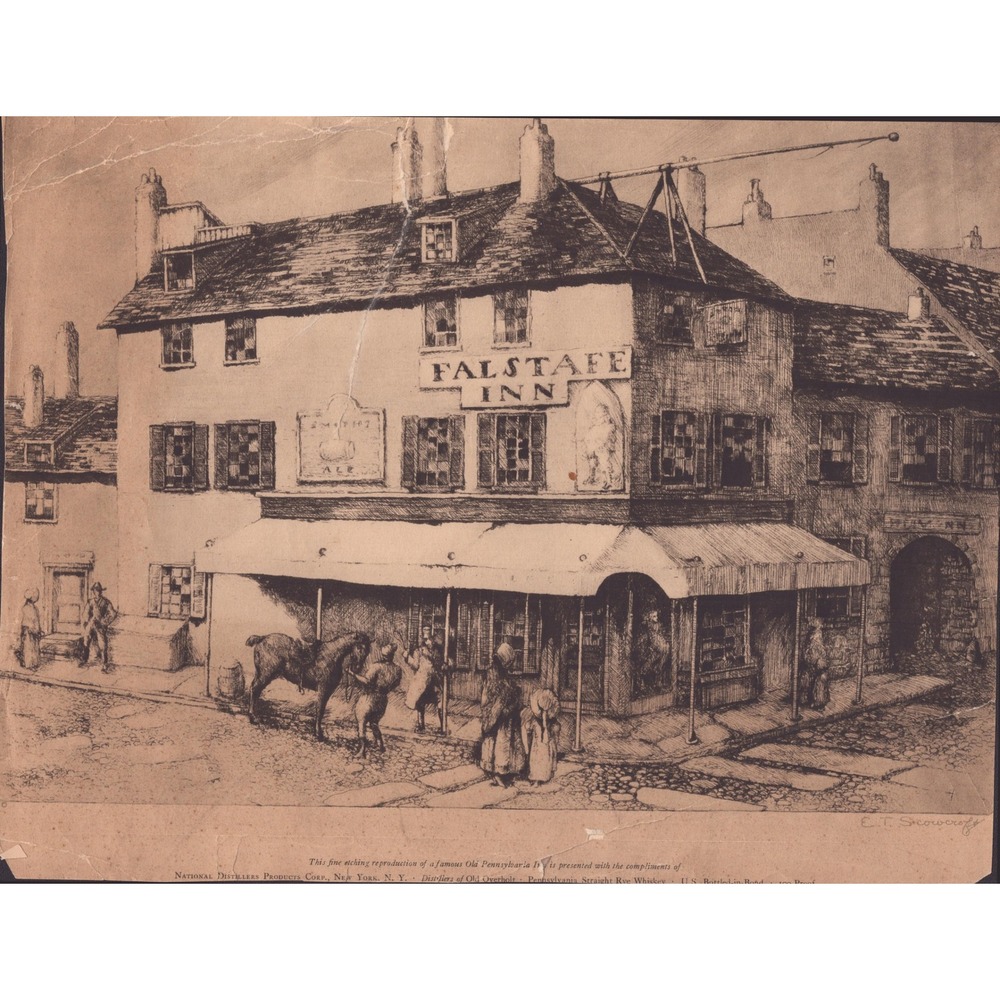 Vintage E.T. Scowcroft Falstaff Inn Etching National Distillers Old Overholt Art - Picture 1 of 2